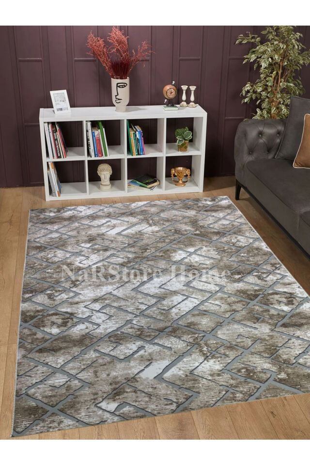 İskandinav Desen Gri Kaymaz Taban Yıkanabilir Kesme Yolluk Halı 80 x 170 - KAHVERENGİ