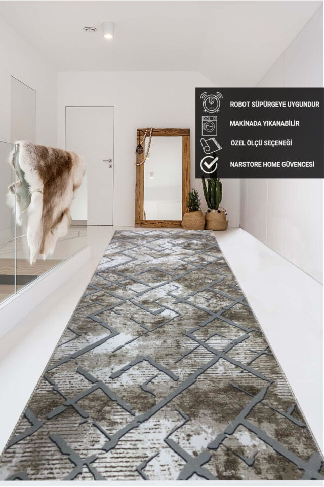 İskandinav Desen Gri Kaymaz Taban Yıkanabilir Kesme Yolluk Halı 80 x 170 - KAHVERENGİ