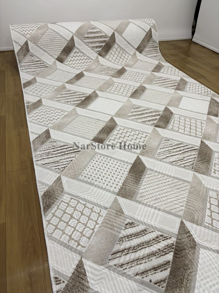 Dinar Motif Bej Kahverengi Kaymaz Taban Kesme Yolluk Halı Modern Desen 200 x 400 - KAHVERENGİ