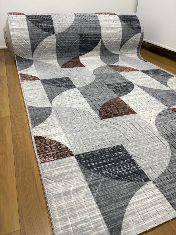 Kaymaz Taban Gri Kahve Modern Geometrik Yıkanabilir Salon Mutfak Koridor Yolluk Halı 200 x 250 - Gri-Kahve