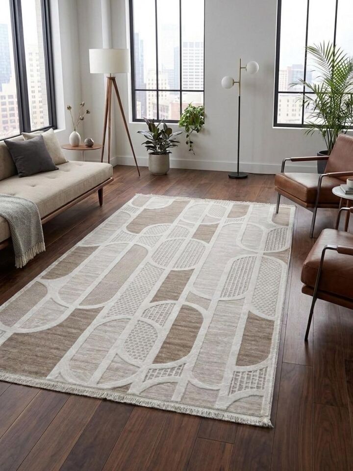 Kaymaz Taban Saçaklı Krem Bej Modern Geometrik Yıkanabilir Koridor Salon Mutfak Yolluk Halı 150 x 750 - BEJ