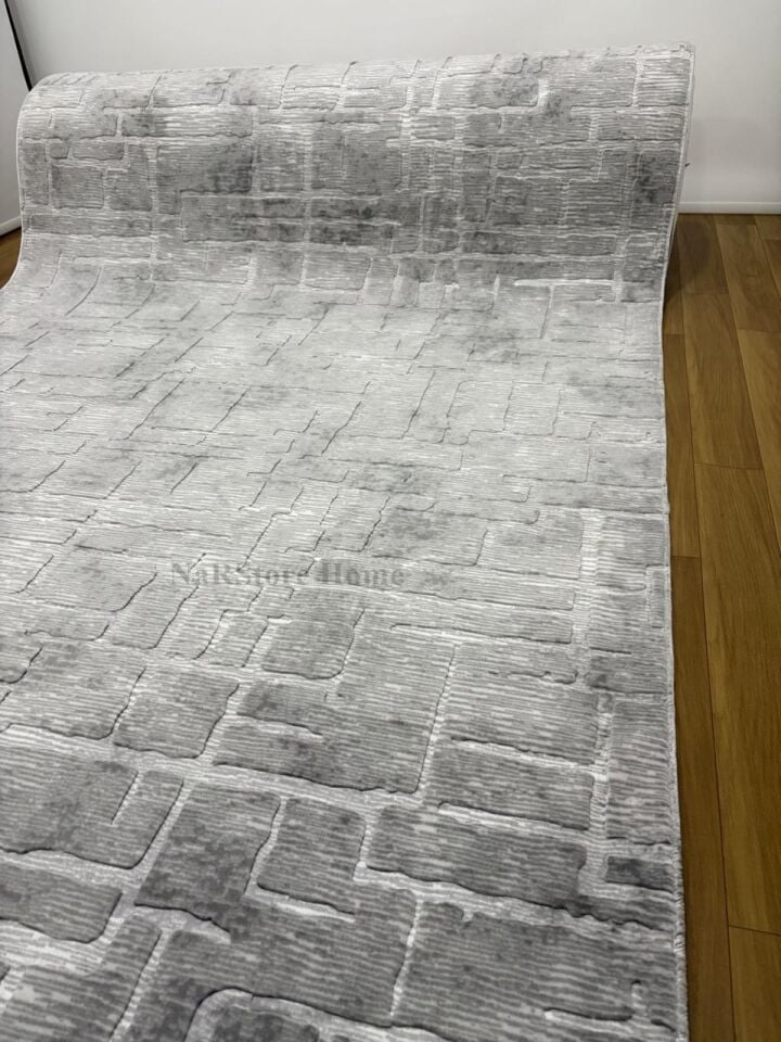 Aksu Stan Kaymaz Tabanlı Kesme Kabartmalı Salon Koridor Mutfak Yıkanabilir Hali Gri 120 x 500 - Açık Gri