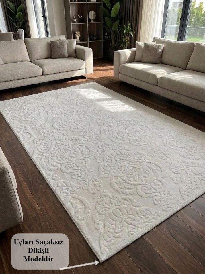 Rölyef Krem Joy Modern Yumuşak Dokulu Kabartmalı Kaymaz Taban Kesme Halı Yolluk